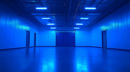 Fototapeta premium Empty Warehouse Interior Lit with Blue Neon Lighting