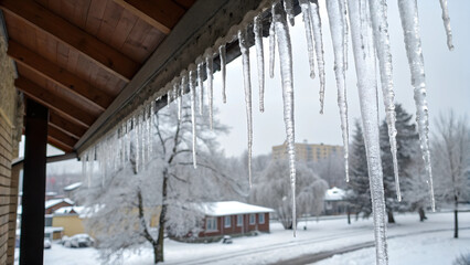 Dripping icicles with water flowing in soft winter sunlight
