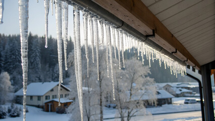 Dripping icicles with water flowing in soft winter sunlight