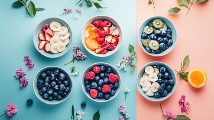 Flat lay of fresh berries and citrus on pastel background