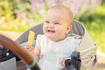 positive baby laughing in a stroller, baby girl 6 months old in a great mood enjoying a walk
