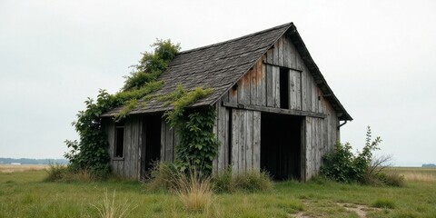 Fototapeta premium Rustic wooden barn weathered by time, overtaken by climbing vines, stands solitary in a field of tall grass under a pale sky