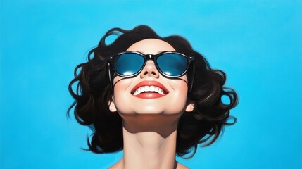 Summer Sun Happiness - A woman with curly hair and sunglasses looks up at the sky, smiling. Bright blue background
