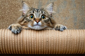 Obraz premium Cat Scratcher. Playful Fluffy Kitten taking a break from playtime on Cardboard Cat Scratcher