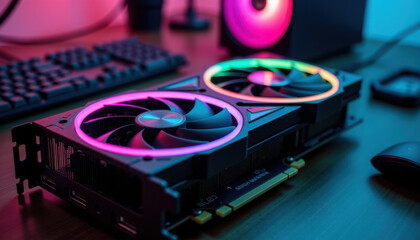Obraz premium High-End Gaming Graphics Card with RGB Illumination in Purple and Teal for Enthusiast Builds