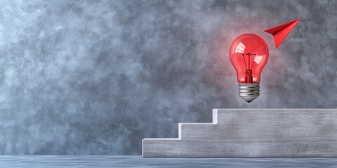 Illuminating the Path: A radiant red lightbulb levitates above concrete steps, with a red upward arrow indicating growth and innovation, against a textured, industrial background.