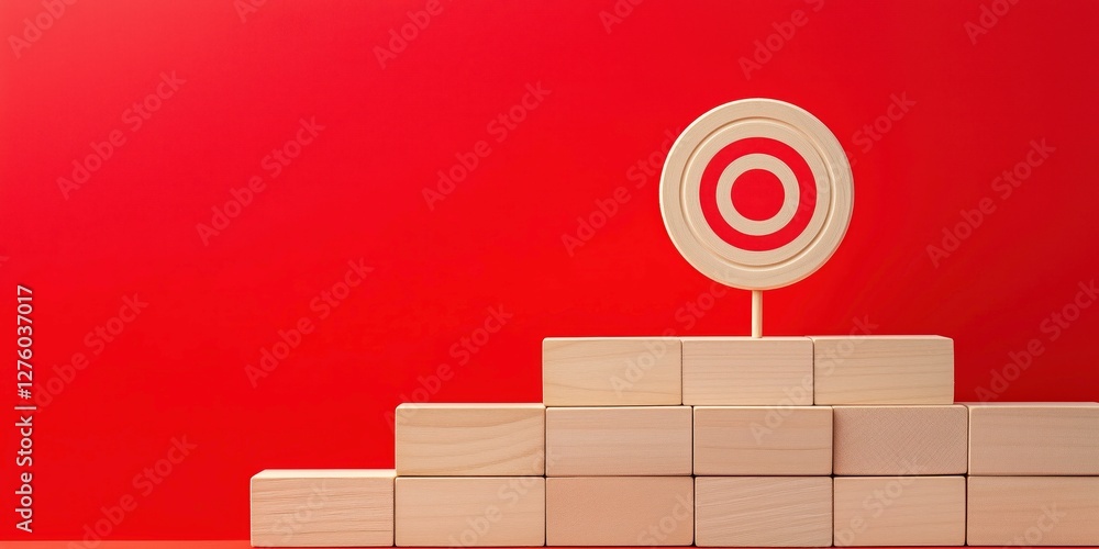 Poster reaching the bullseye: a conceptual image of a target set atop a tiered structure built from wooden 