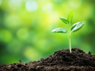 Fototapeta premium Young seedling sprouting from brown soil on a blurred green background, symbolizing new life and growth in challenging environments.