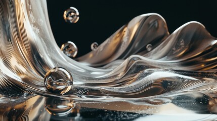 Abstract metallic liquid with floating glass spheres