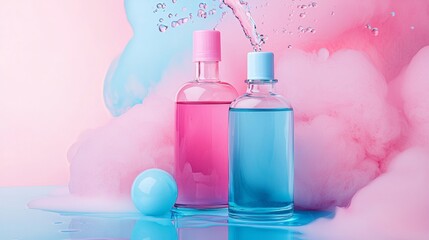 Vibrant perfume bottles surrounded by smoke