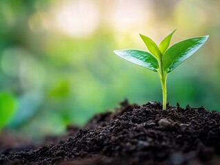 Young seedling sprouting from brown soil on a blurred green background, symbolizing new life and growth in challenging environments.