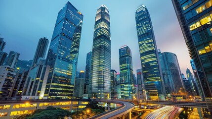 Skyscrapers in a bustling city at dusk 