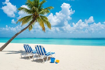 Two blue-and-white striped lounge chairs sit on a sandy beach under a palm tree, with calm turquoise waters and fluffy clouds in the sky.