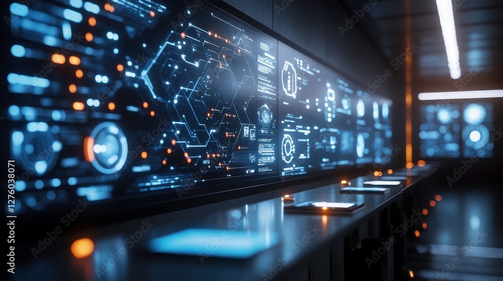 Poster a futuristic control room with illuminated digital interfaces displaying data, graphs, and connectio