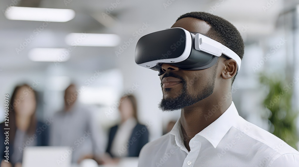 Poster a man wears a vr headset, immersed in a virtual experience while colleagues observe in a modern offi