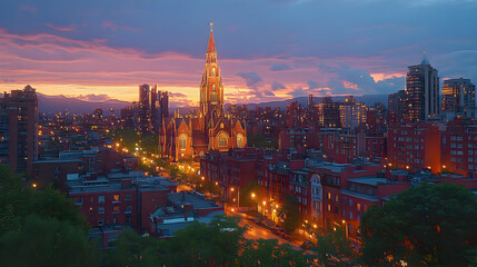 Obraz premium Sunset cityscape with church, city skyline, twilight. Travel brochure use