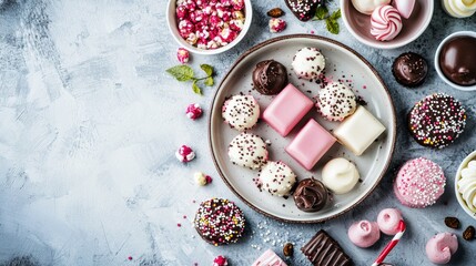 Assorted sweets and chocolates in a flat lay composition