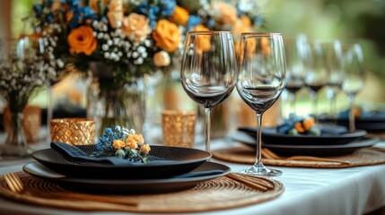 Fototapeta premium Elegant outdoor dining table setting with flowers