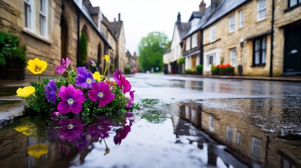 Quaint Village Street Flowers After Rain - A charming English village street scene, rain-soaked cobblestones, vibrant flowers in a puddle, reflecting houses