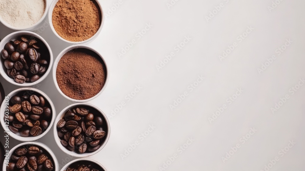 Poster various types of coffee and cocoa powders displayed in cups on a neutral background
