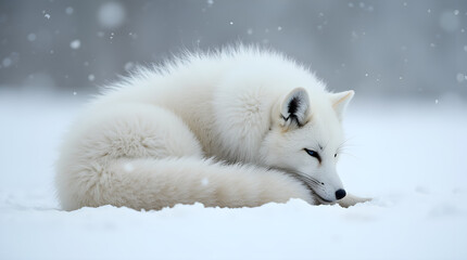 Fototapeta premium A fluffy Arctic fox curls up in the snow, its thick white fur blending seamlessly with the frozen landscape. This serene scene captures the beauty, resilience, and adaptability of wildlife.