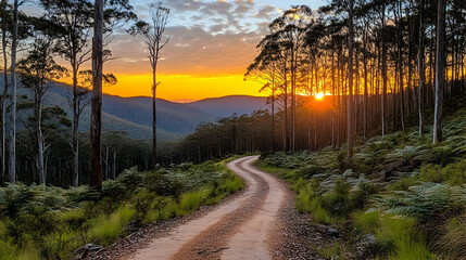 Obraz premium Sunset over mountain road, forest, winding path, scenic view, nature landscape, travel photography