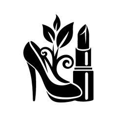 Elegant Black Silhouette Logo for Beauty Parlor with High Heels and Lipstick on White Background 