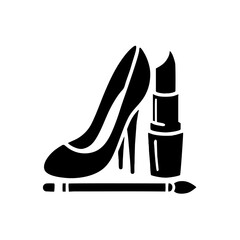 Elegant Black Silhouette Logo for Beauty Parlor with High Heels and Lipstick on White Background 