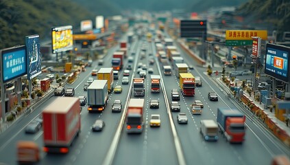 Miniature highway traffic, cityscapes, billboards, busy road