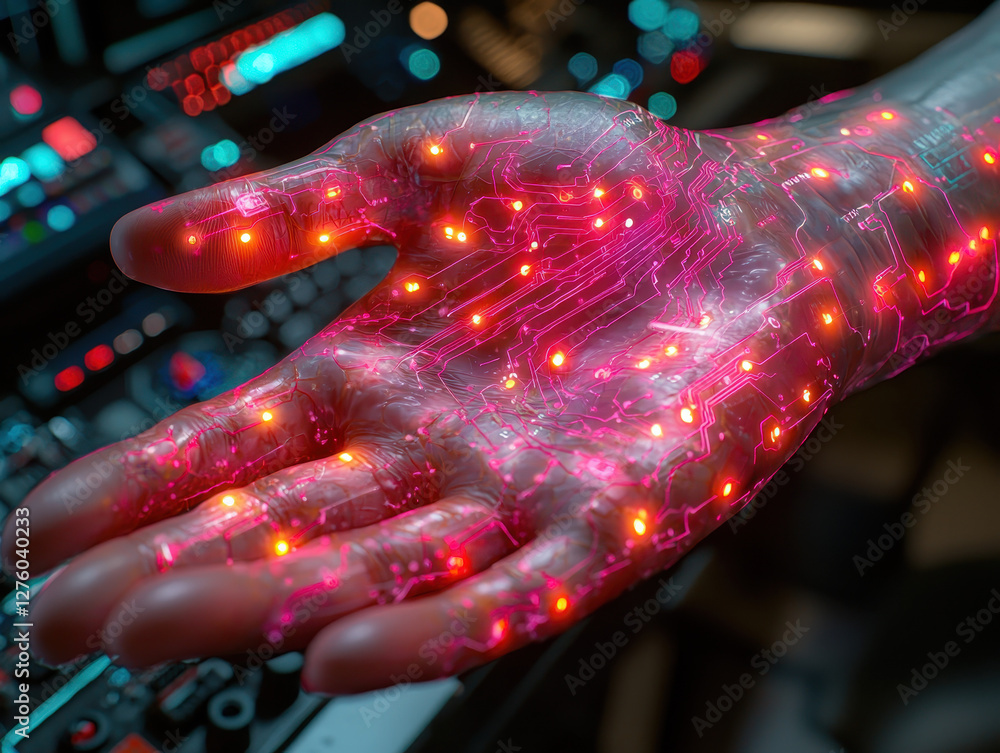 Poster futuristic ai and human hands unite in a powerful gesture of digital empathy with glowing circuits a