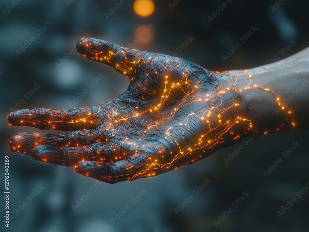 Poster futuristic ai hand merging with human hand symbolizes digital empathy and connection through advance