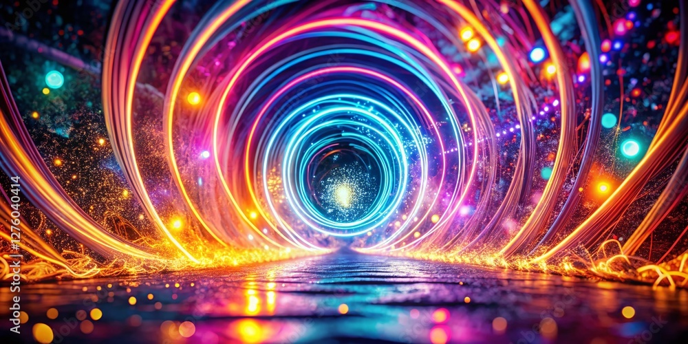 Poster abstract neon light background with bokeh, luminous spiral, and food floating in space tunnel