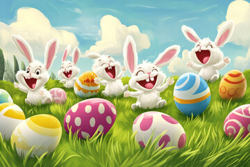 Obraz premium A group of cartoon Easter Bunnies happily playing in a field of oversized eggs, rolling them around like playful soccer balls.