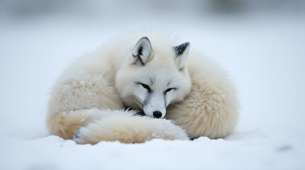 Obraz premium A fluffy Arctic fox curls up in the snow, its thick white fur blending seamlessly with the frozen landscape. This serene scene captures the beauty, resilience, and adaptability of wildlife.