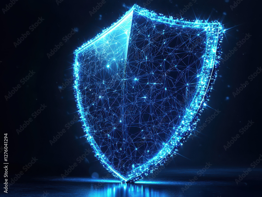 Poster futuristic digital shield with interconnected blockchain nodes glowing in neon blue energy for unbre