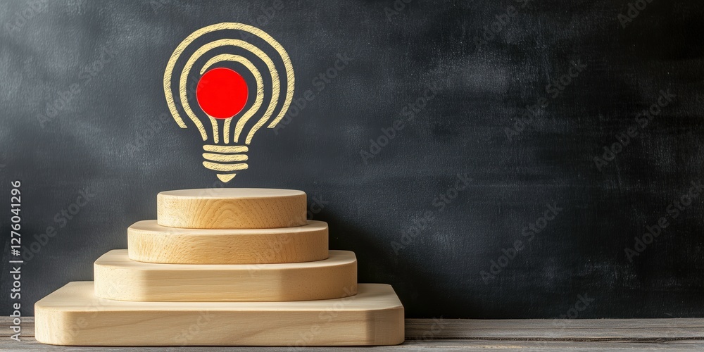 Poster illumination of ideas: a light bulb design atop a tiered wooden platform, symbolizing the elevation 