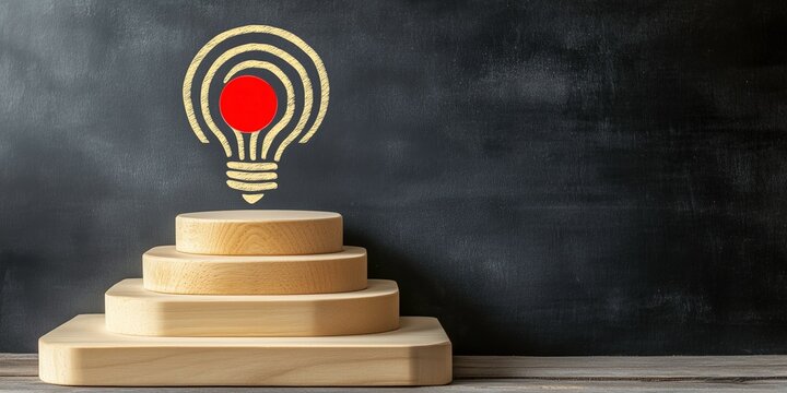 Illumination of Ideas: A light bulb design atop a tiered wooden platform, symbolizing the elevation and implementation of innovative concepts. 