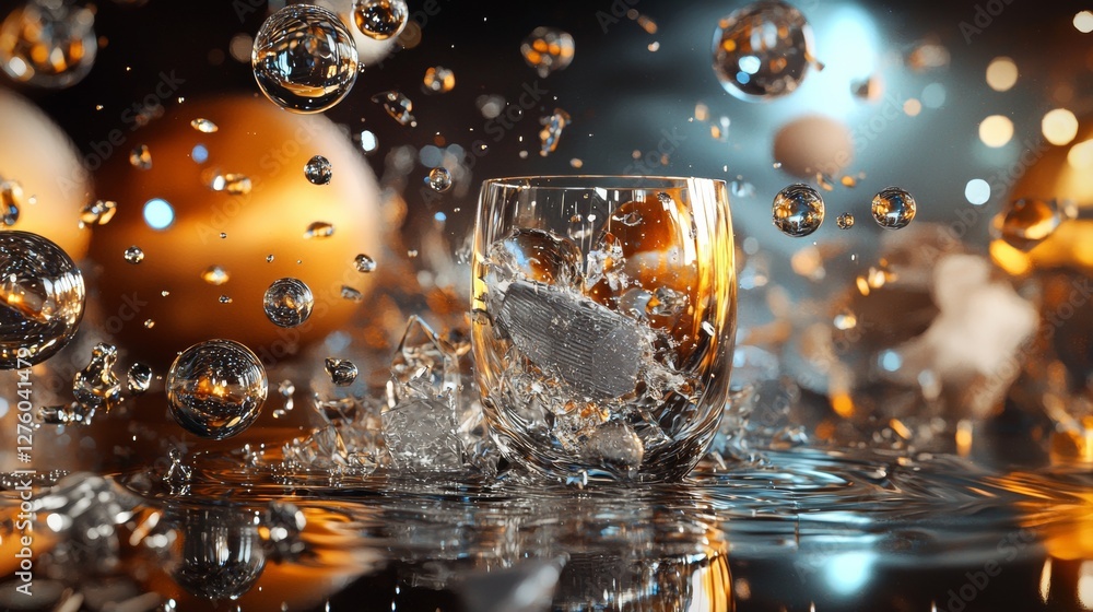 Poster dynamic splash of liquid with floating bubbles in warm tones