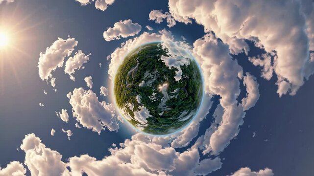 Aerial video view of a tiny planet effect with lush greenery and swirling clouds, captured from a fisheye lens, creating a surreal, immersive scene.