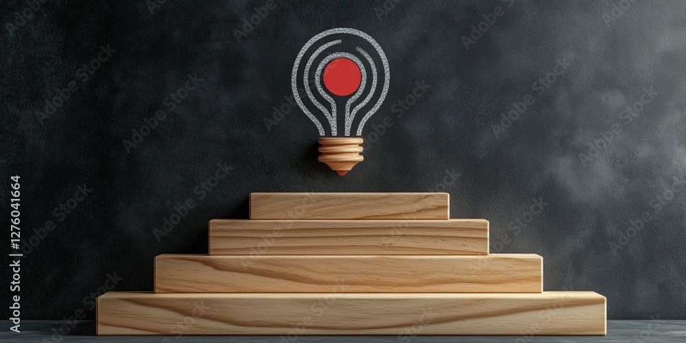 Poster the path to innovation: a stylized wooden staircase ascends towards a glowing light bulb with an abs