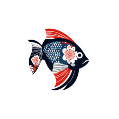 Stylized Angelfish with Floral Accents Dark Blue and Red Aquatic Design Element