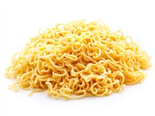 Close-up of a pile of cooked instant noodles against a white background.