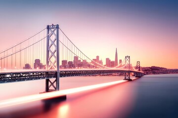 Fototapeta premium San Francisco Bay Bridge Sunset Panorama - Cityscape, bridge, sunset, urban landscape, transportation. Symbolizes progress, connection, beauty, ambition, and tranquility