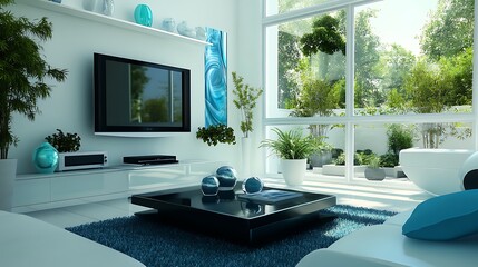 Modern living room, sunlit, plants, luxury