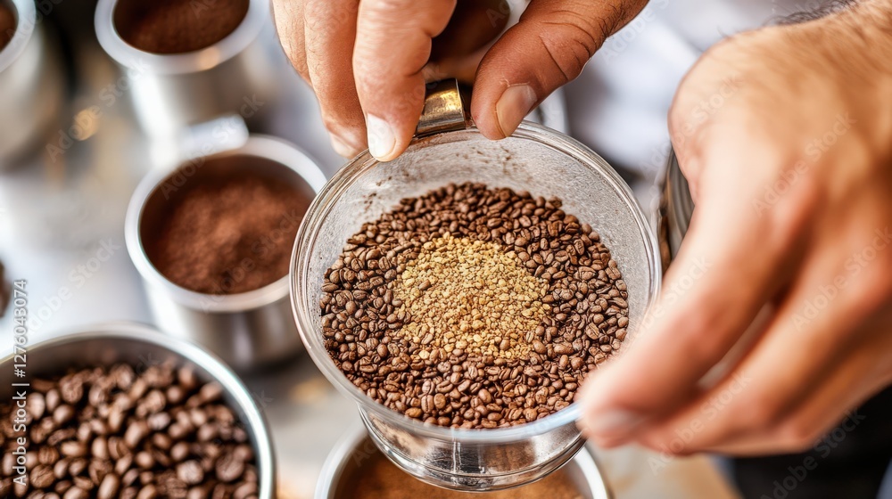 Poster close-up of hands measuring coffee beans in a caf? with various coffee types in the background