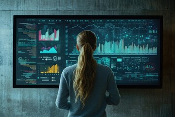Woman analyzing complex data visualizations on a large screen, showcasing various charts and graphs.
