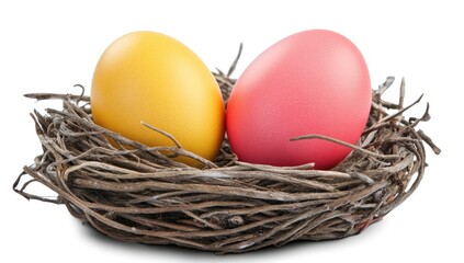 Obraz premium Colorful Easter eggs in a bird's nest against white background
