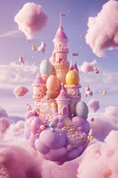 A floating castle made entirely of Easter eggs, with tiny bunnies hopping along its walls, surrounded by a dreamy sky full of cotton candy clouds.
