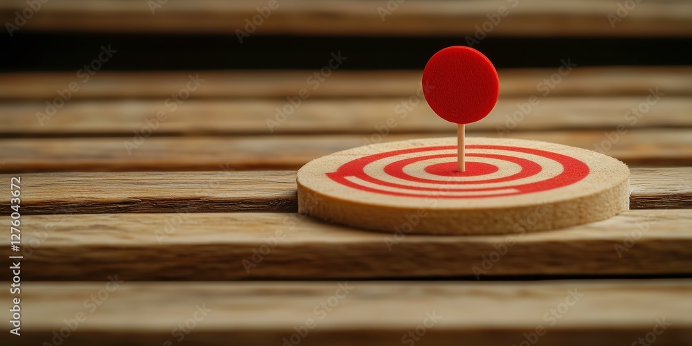 Poster targeted precision: a close-up of a wooden target with a bold red bullseye and a matching red marker