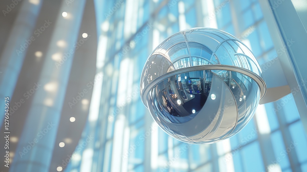 Poster a reflective spherical object hangs in a modern space with large windows, bright lights, and a clean